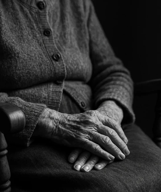 An older person sitting in a chair, their hands folded in their lap.